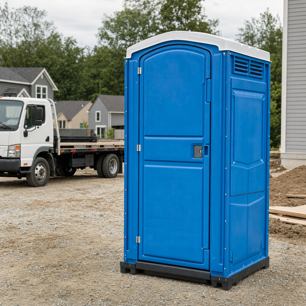 Delivery driver positioning a clean royal-blue portable toilet on level ground at a Nashville worksite