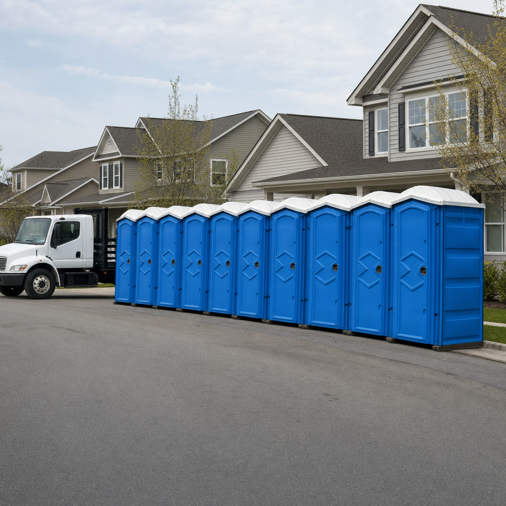 Royal blue portable toilets staged in a tidy row at a Nashville jobsite, ready for delivery